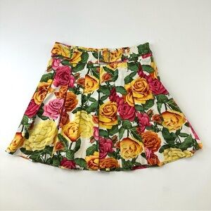 Karen Millen red yellow beauty roses pleated belted lined floral skirt Size 8